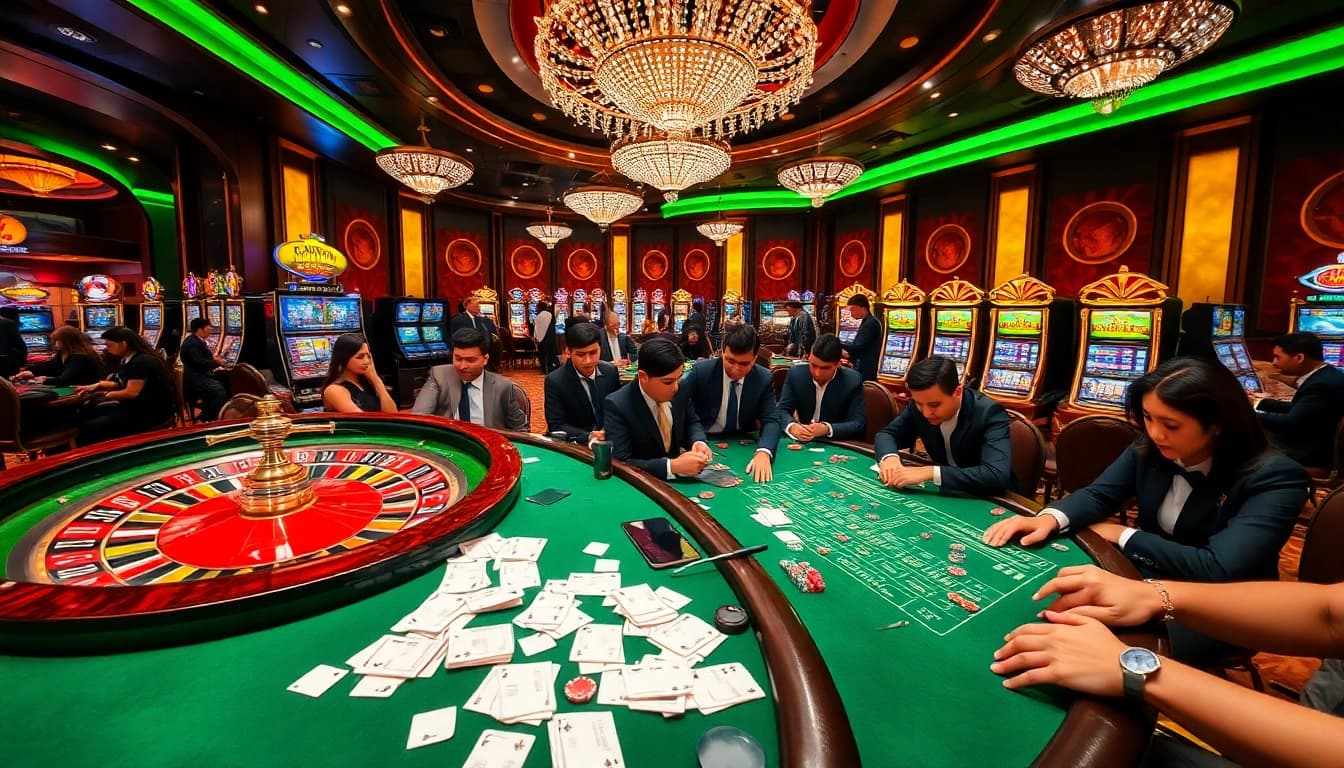 Players enjoying an exciting game scene at XX 88 casino, with roulette and poker tables.