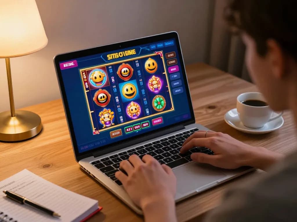 Bergabung dengan antarmuka permainan situs slot online di rumah, menampilkan gameplay slot yang cerah.