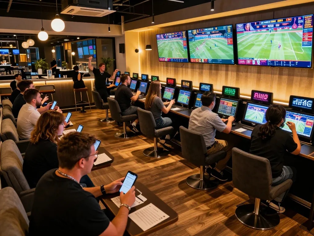 Exciting sports bettors analyzing games on mobile devices at a vibrant m110 betting lounge