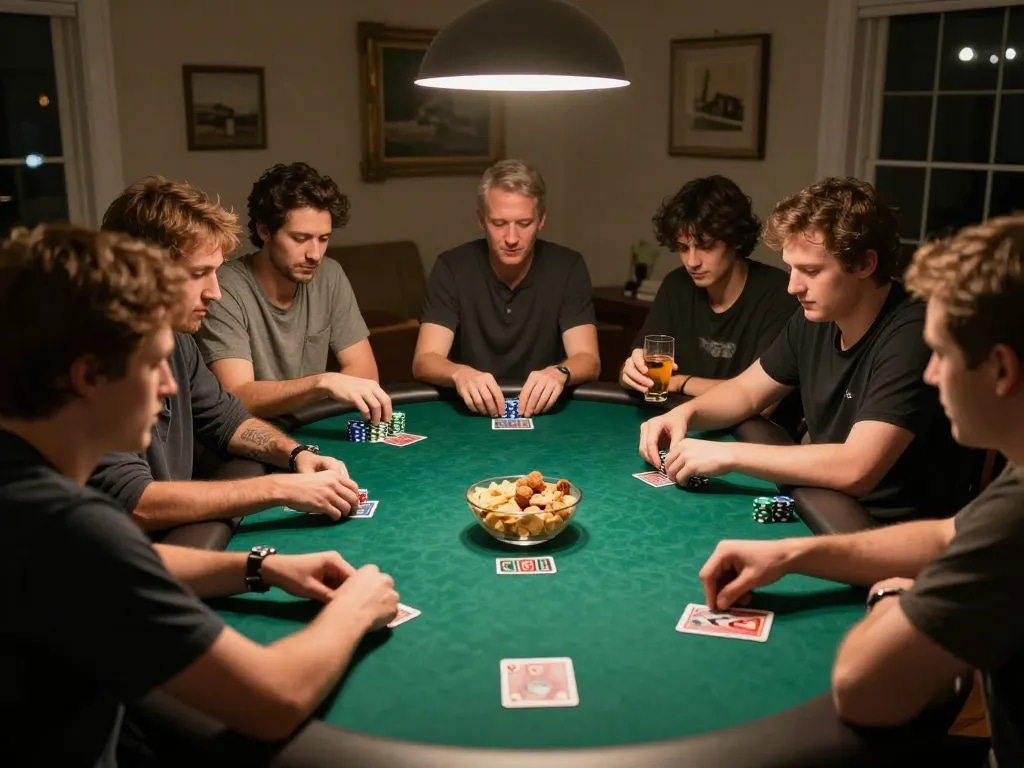 TR88 players engaged in a strategic poker game at home, illustrating excitement and social interaction.