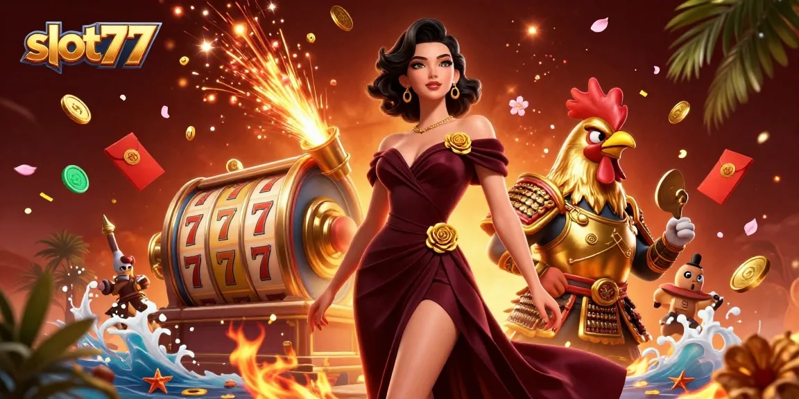 Experience slot77 excitement with a glamorous woman and a golden rooster warrior surrounded by dynamic casino elements.