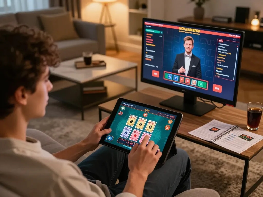 Person enjoying live dealer games at non gamstop casinos in a cozy home environment.