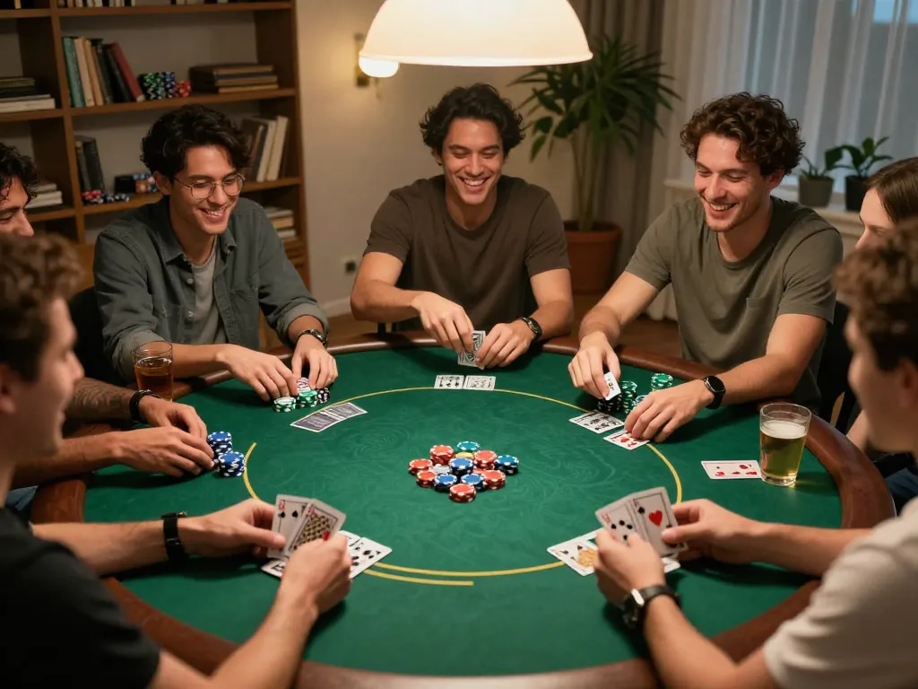 Engaging friends in a home poker night with megahoki88 login showing on a smartphone, chips and cards creating a lively gaming experience.