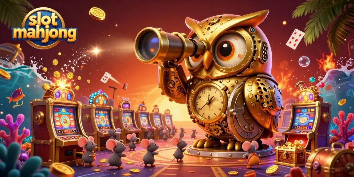 Experience the thrill of slot mahjong with dynamic illustrations of a clockwork owl and vibrant casino elements.
