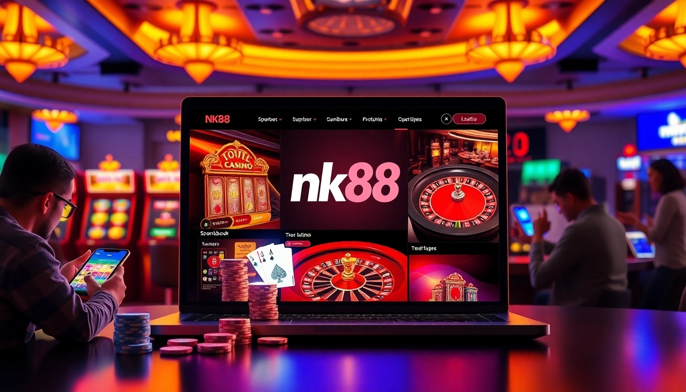 Engaging NK88 online casino interface displaying live betting, roulette spins, and slot jackpots