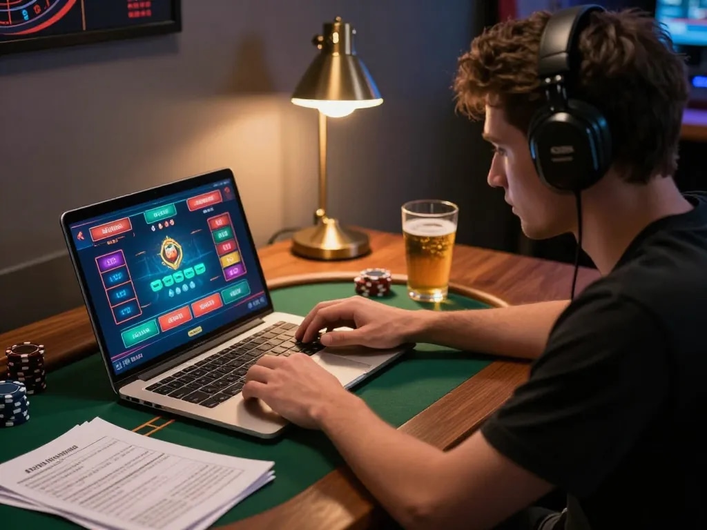 Player strategizing in high-stakes poker session on tr88vina, focusing on online betting decisions.