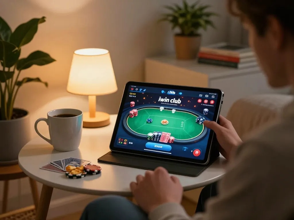 Player enjoys poker in the iwin club app, capturing a cozy online gaming atmosphere.