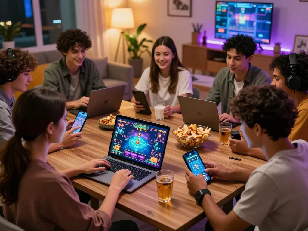 Sunwin20 gaming scene with friends enjoying immersive online games on a laptop.