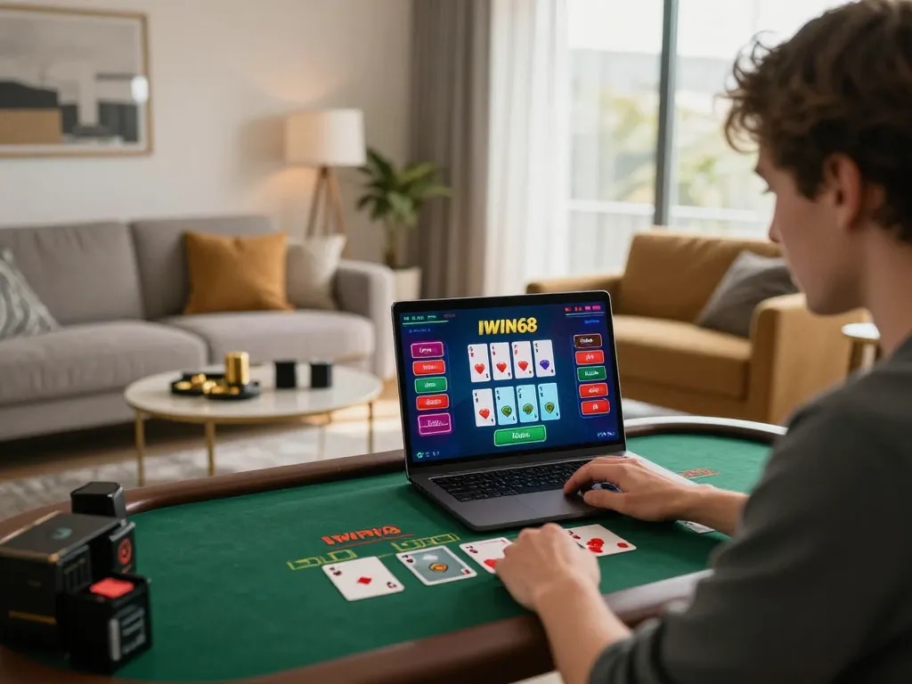 IWIN68 player strategizing during an online blackjack game at home with laptop