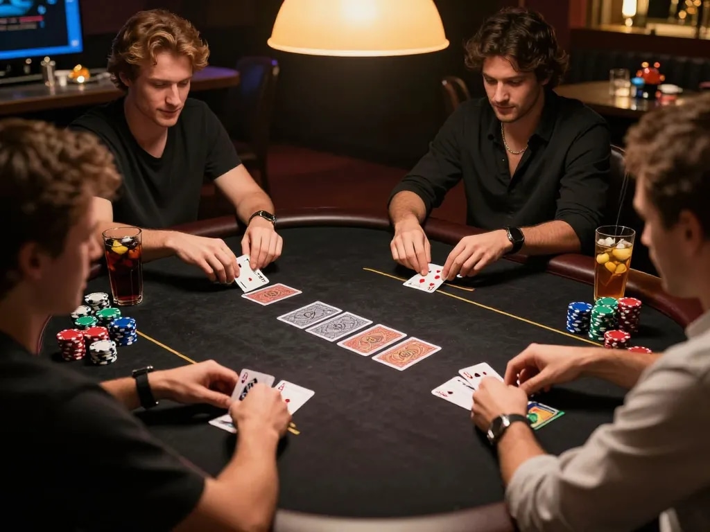 Players engaged in a thrilling poker game at NK88 chính thức, showcasing chips and cards in a vibrant gaming atmosphere.