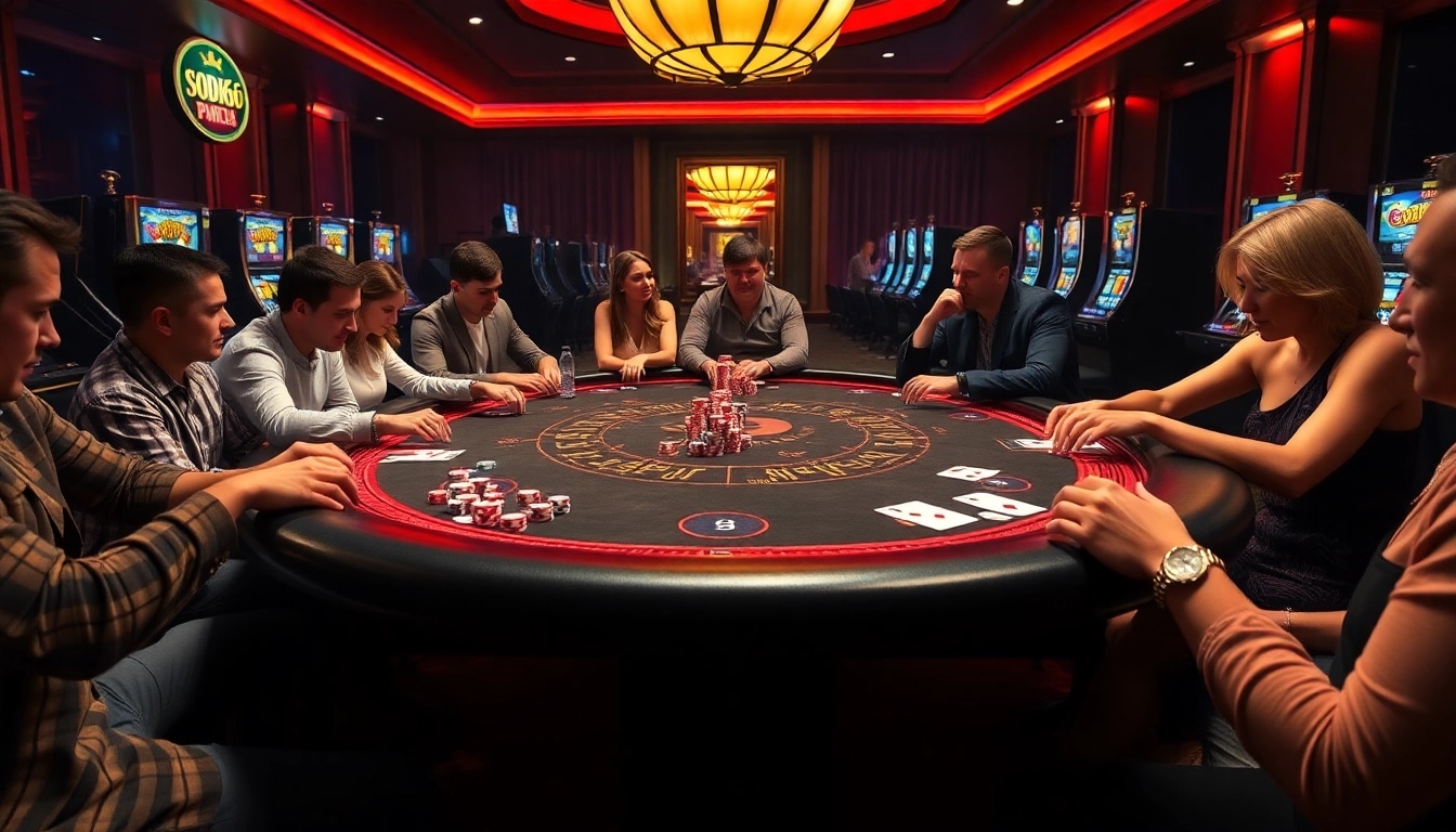 Gamblers enjoying a thrilling game at the SODO66 casino table with vibrant poker chips and cards.
