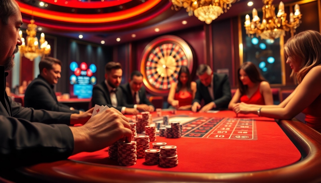 Players enjoying a high-stakes poker game at KP88 casino, showcasing excitement and luxury.