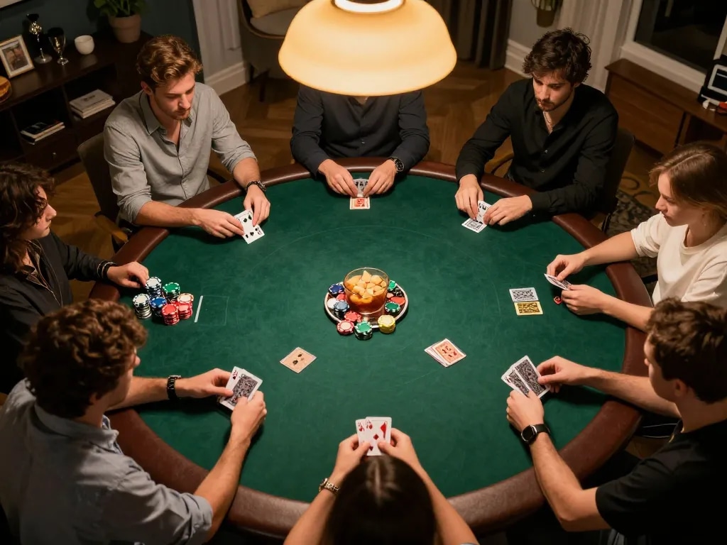 Home poker night showcasing friends engaged around a table, highlighting nhà cái uy tín through strategic gameplay.