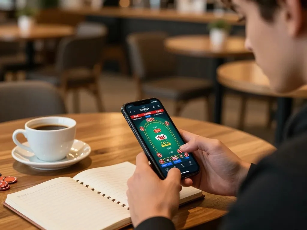 Player using smartphone for 789f đăng nhập in a cozy cafe while studying betting strategies.