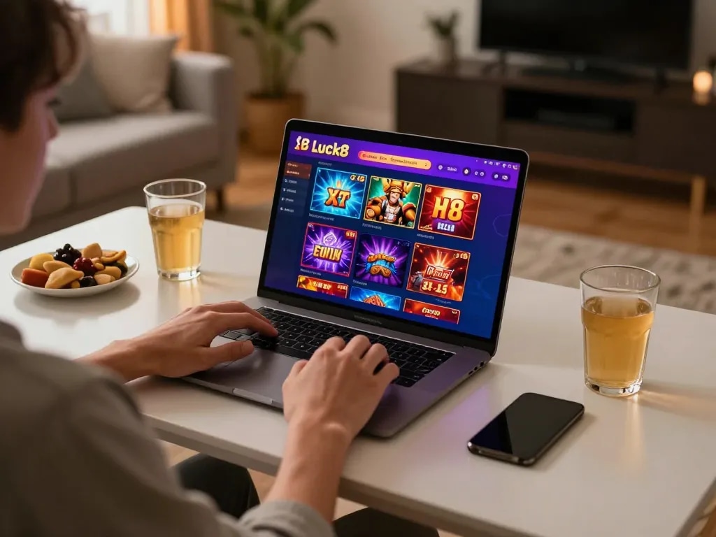 Engaging player enjoying Luck8 games on a laptop in a cozy home setting, showcasing vibrant casino graphics