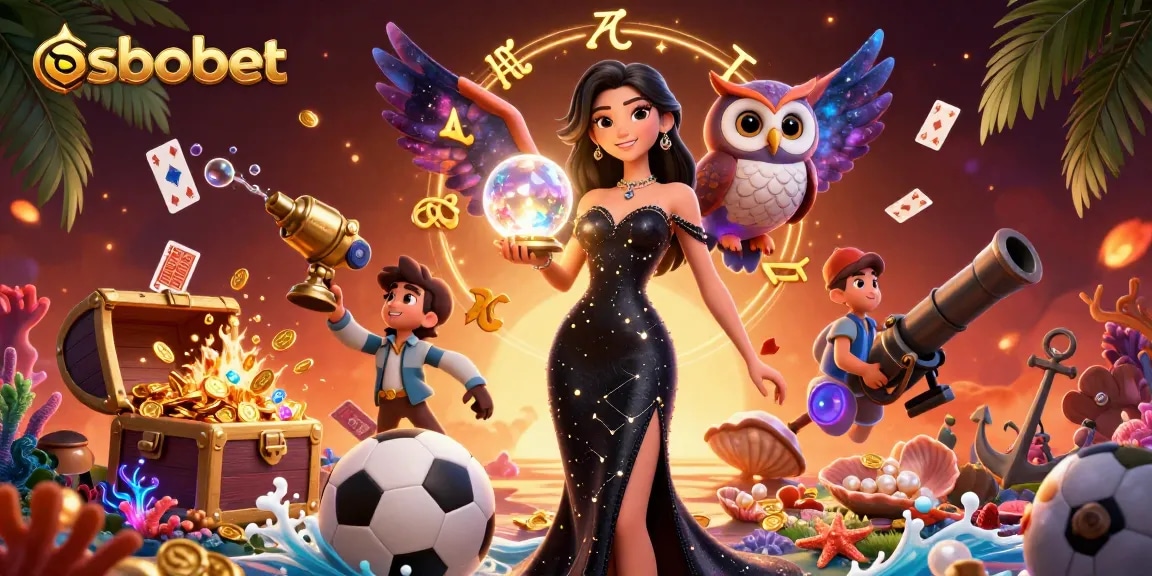 Engage in sbobet sports betting with a mystical theme featuring a woman, owl, and vibrant game elements.