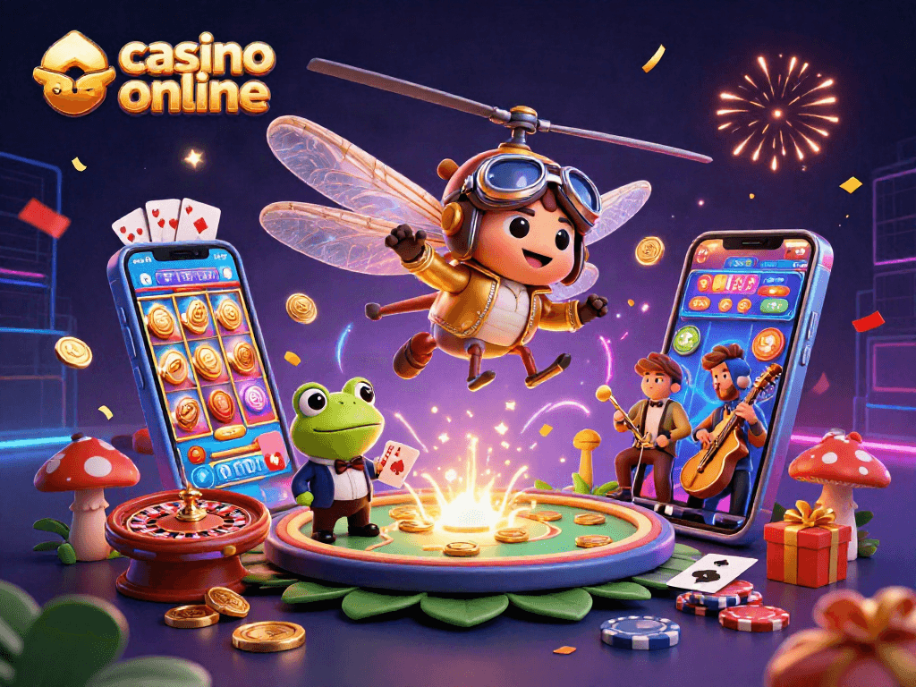 Experience thrilling casino online action with a whimsical 3D dragonfly pilot and jazz-playing frogs.