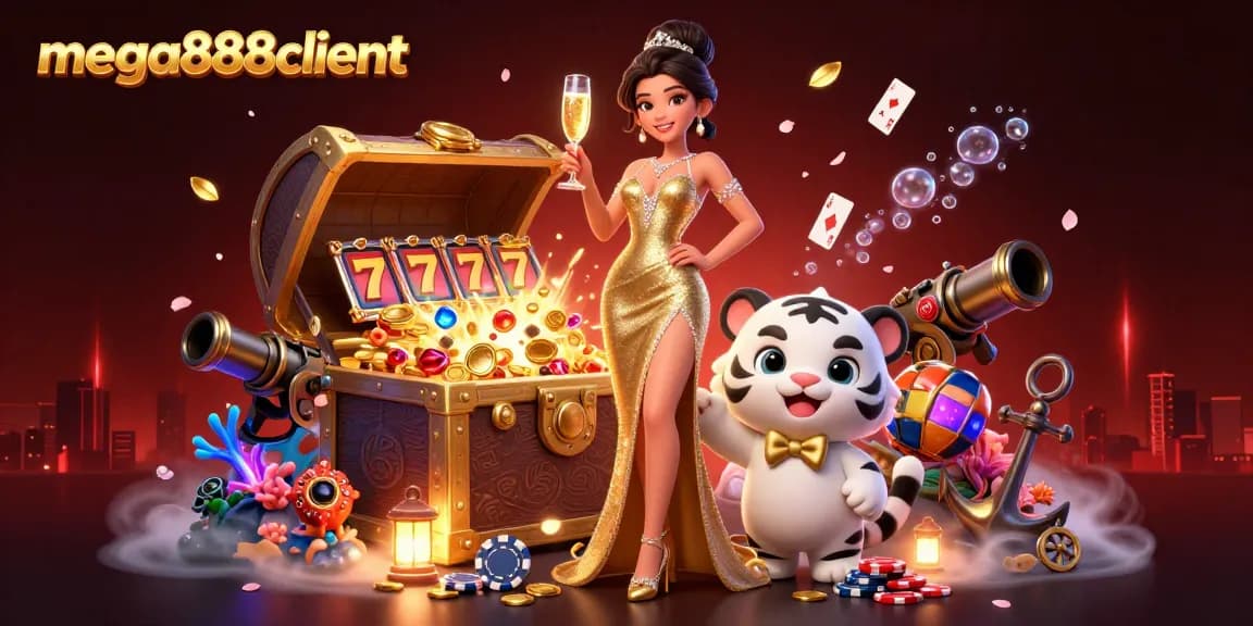 Experience thrilling gameplay at mega888client with a glamorous woman and lucky tiger in a vibrant casino scene.