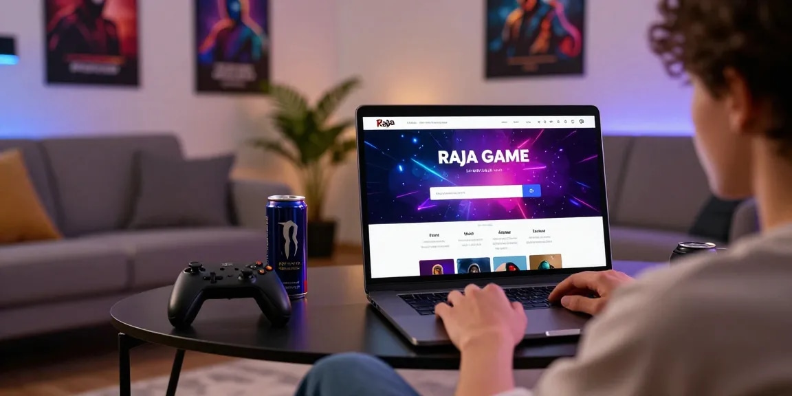 Raja Game login interface displayed on a laptop in a cozy living room setting.