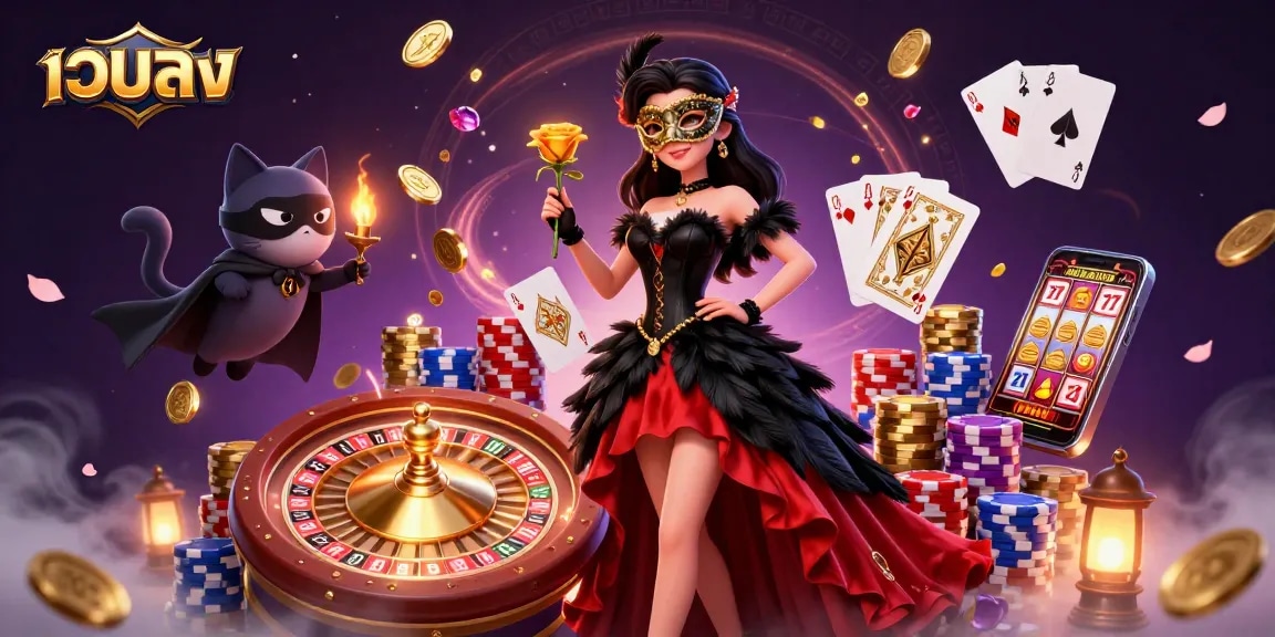 Experience เว็บตรง gaming excitement with dynamic playing cards and cascading coins in this vibrant scene.