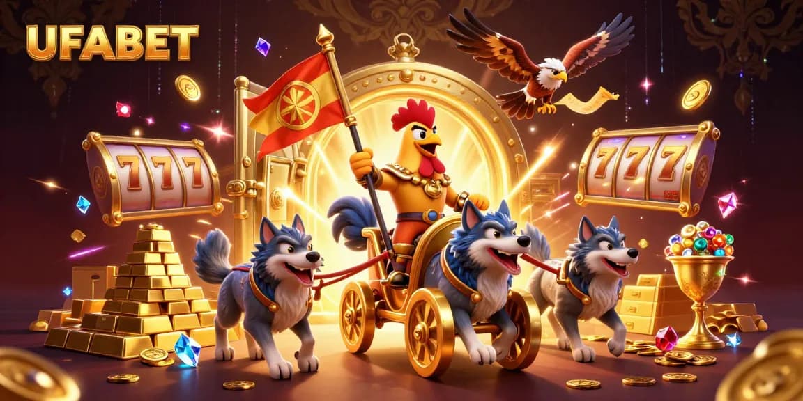 Spin the reels at UFABET featuring a rooster warlord and golden treasures!