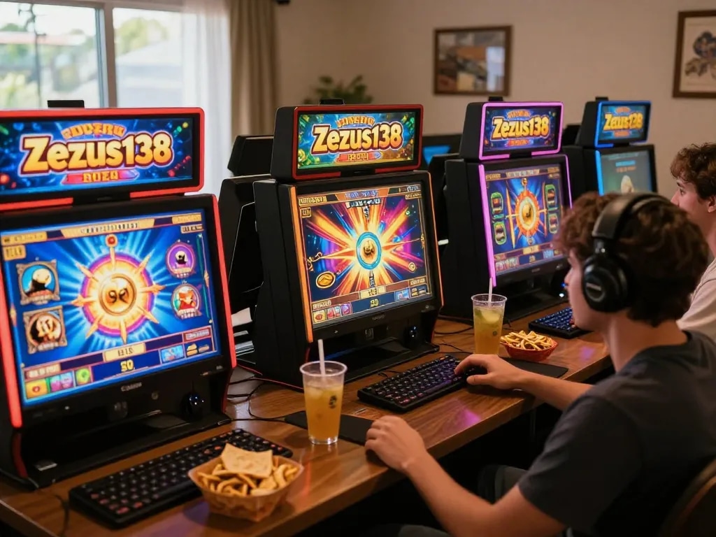 Players enjoying the excitement of Zeus138 online slot games in a cozy setting, reflecting a vibrant gaming atmosphere.