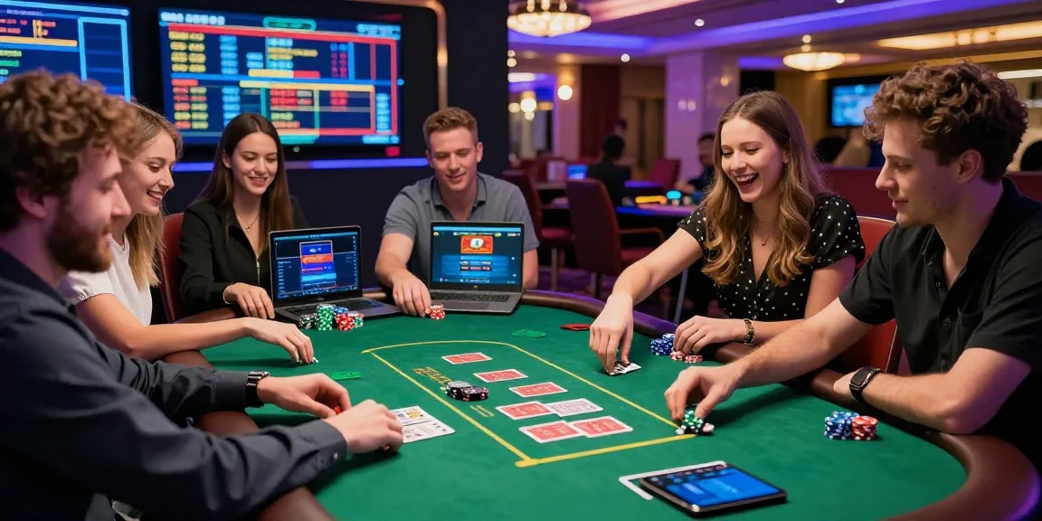 Credit card casinos at https://scoarch.org.uk featuring vibrant gaming atmosphere with players engaged at a poker table.