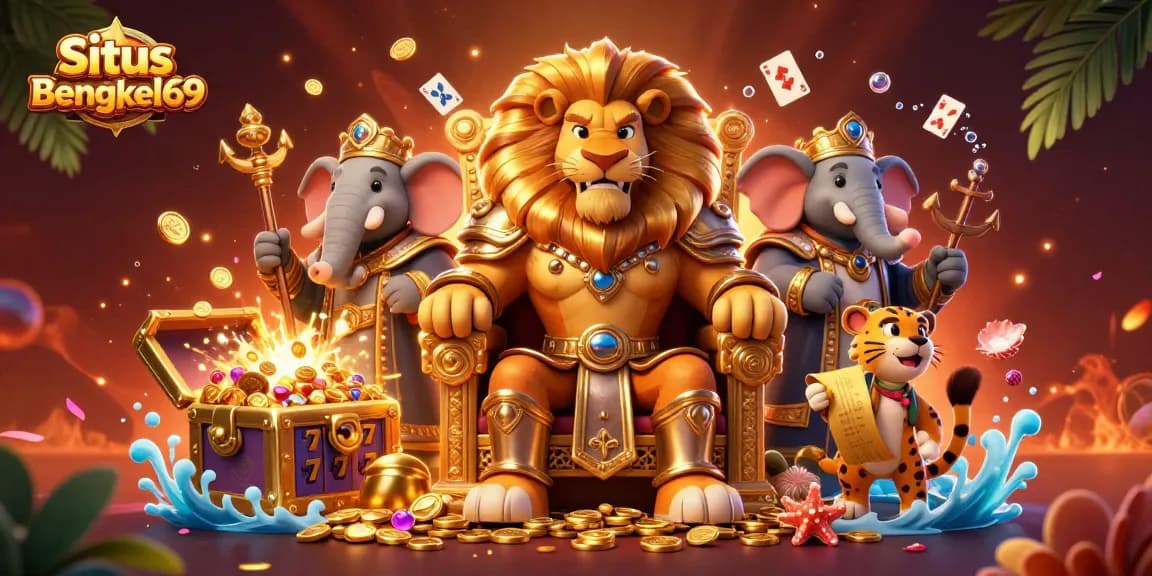 Situs Bengkel69 showcases a fierce lion king, wise elephant, and a quick cheetah in a vibrant casino-themed scene filled with golden treasures and slot reels.