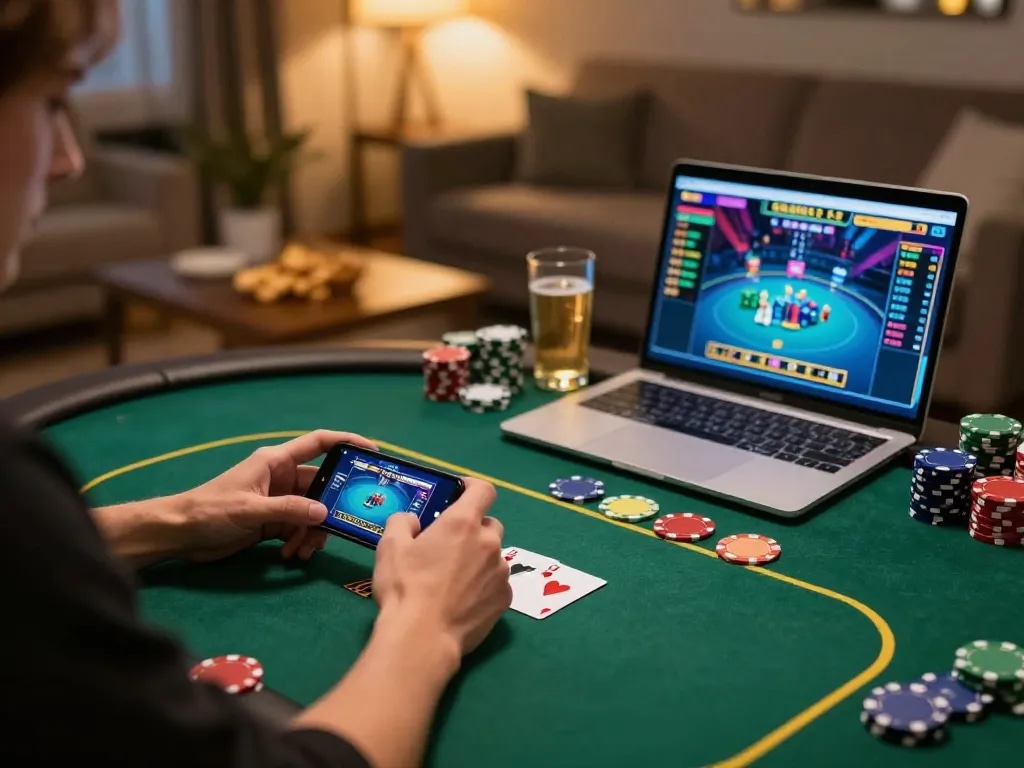 Engaged player at taixiusunwin.art enjoying mobile poker game in a cozy setting