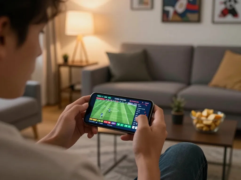 Engaging in sports betting on a smartphone at home while using pg88 for optimal odds.