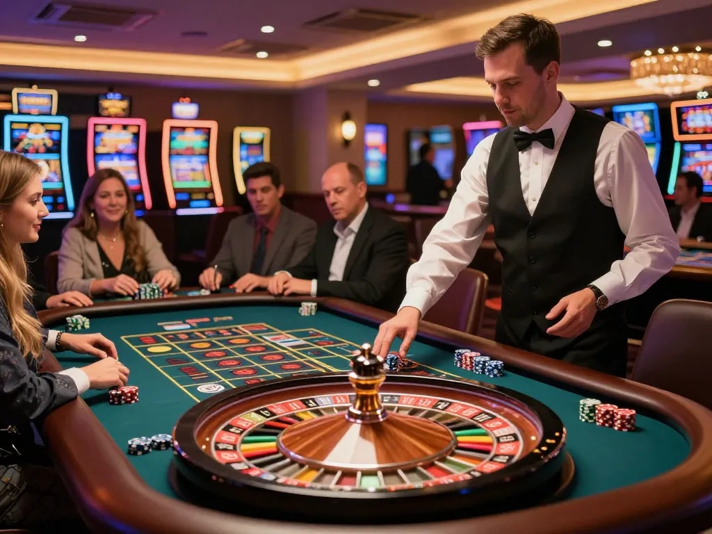 Players engaging in thrilling roulette gameplay at mm88 casino, with vibrant chips and strategic bets placed on the table.