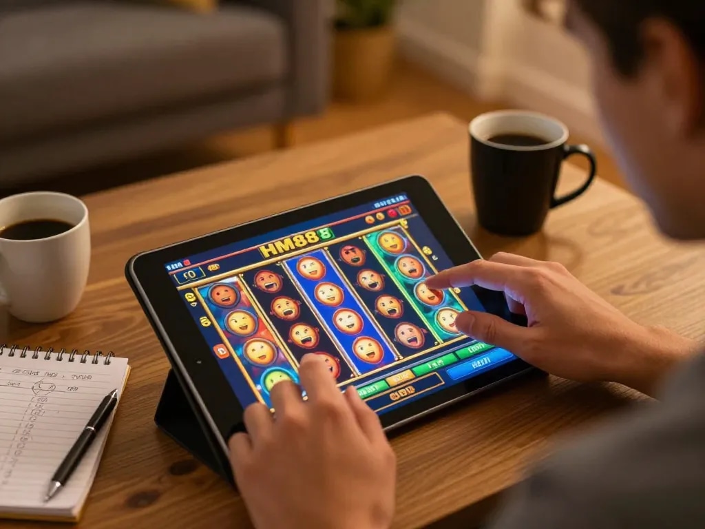 Player enjoying exciting slot game on HM88 platform while managing bankroll in cozy home setting