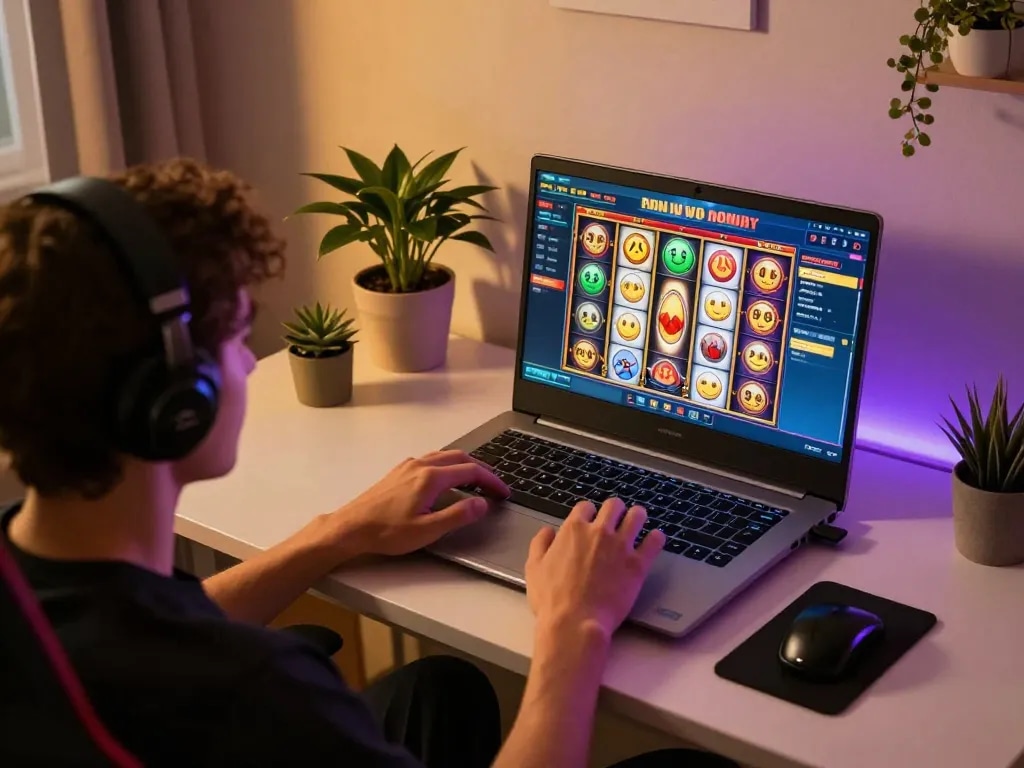 Engaging gameplay on a slot online interface showcased in a cozy home setting.