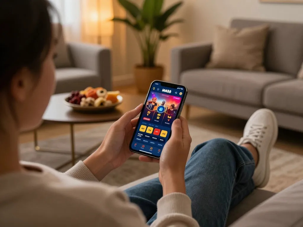 Engaging in mobile gaming on MM88 app with a cozy home atmosphere.