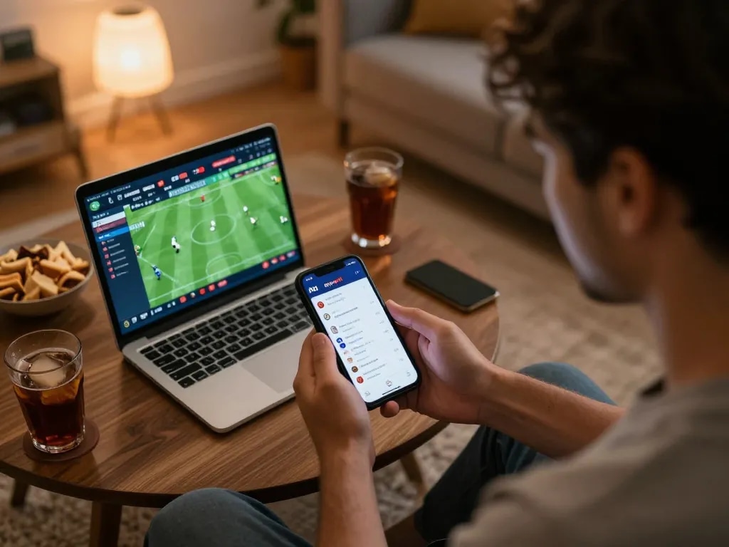 Engaged sports bettor using Nowgoal app for live match updates and betting strategies.