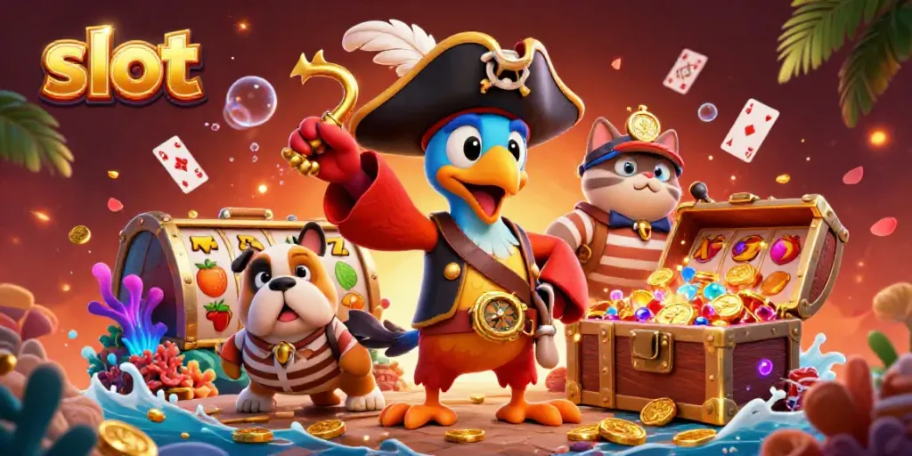 Engage with thrilling slot action featuring pirate-themed characters amid dazzling slot symbols and vibrant treasures.