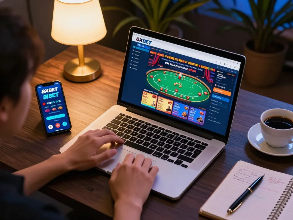 Engaging gameplay at nhà cái 8xbet shown on a laptop with strategic notes nearby.