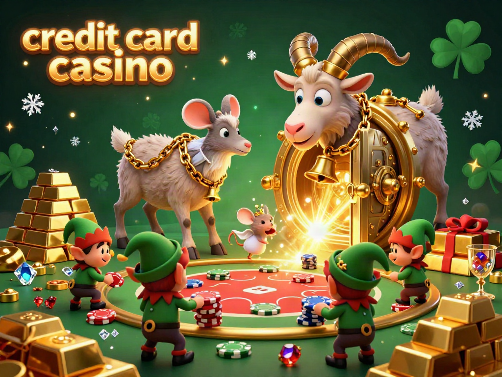 Krampus goat running a festive holiday horror credit card casino with mischievous gremlins stealing poker chips.