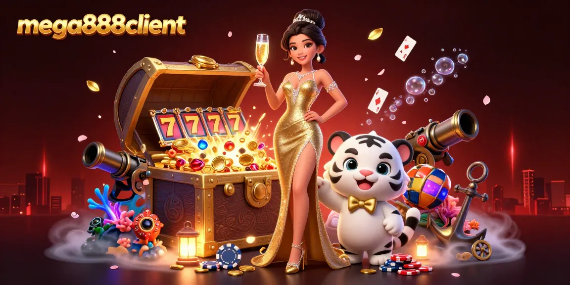 Experience thrilling gameplay at mega888client with a glamorous woman and lucky tiger in a vibrant casino scene.
