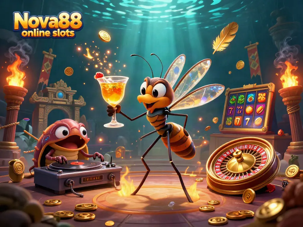 Experience fun with Nova88 online slots through unique characters in a dynamic casino scene.