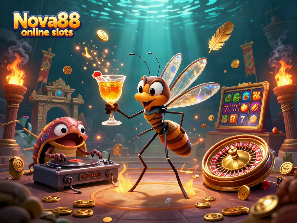 Experience fun with Nova88 online slots through unique characters in a dynamic casino scene.