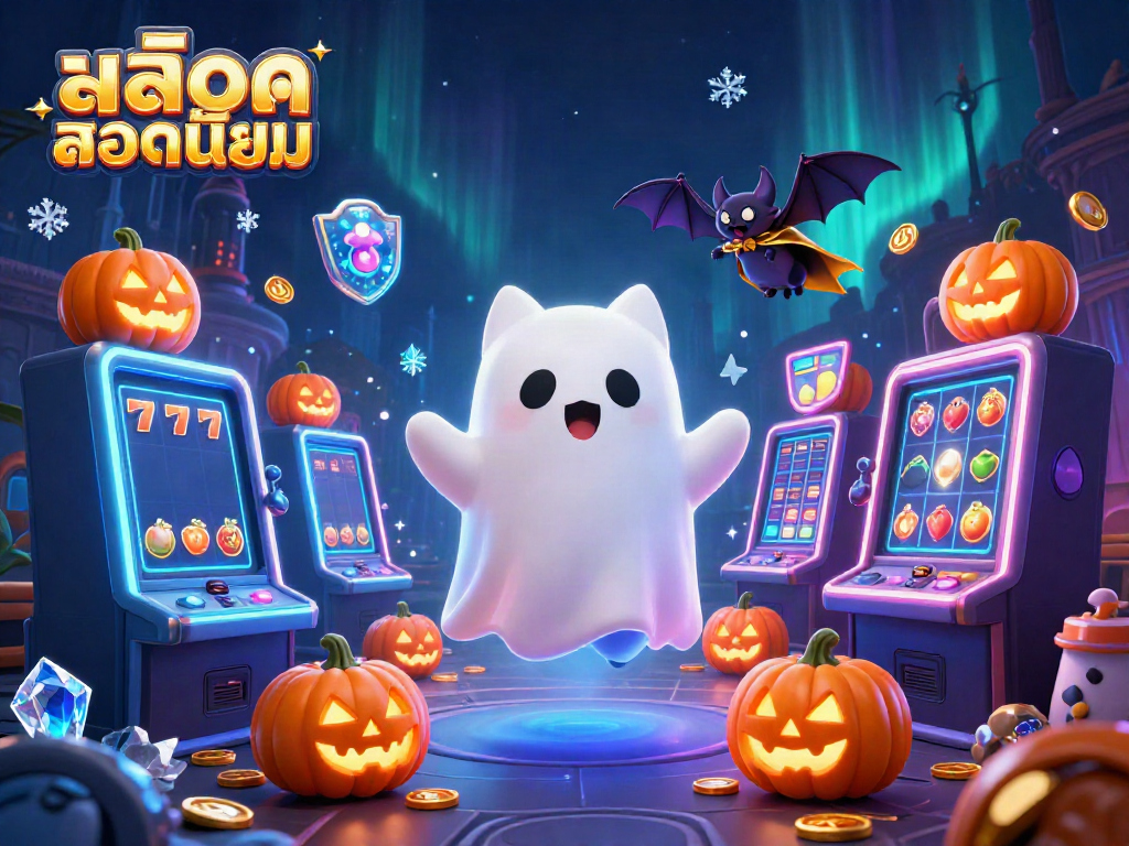 Engage with สล็อตยอดนิยม featuring a ghost cat and vampire bat in a lively casino.