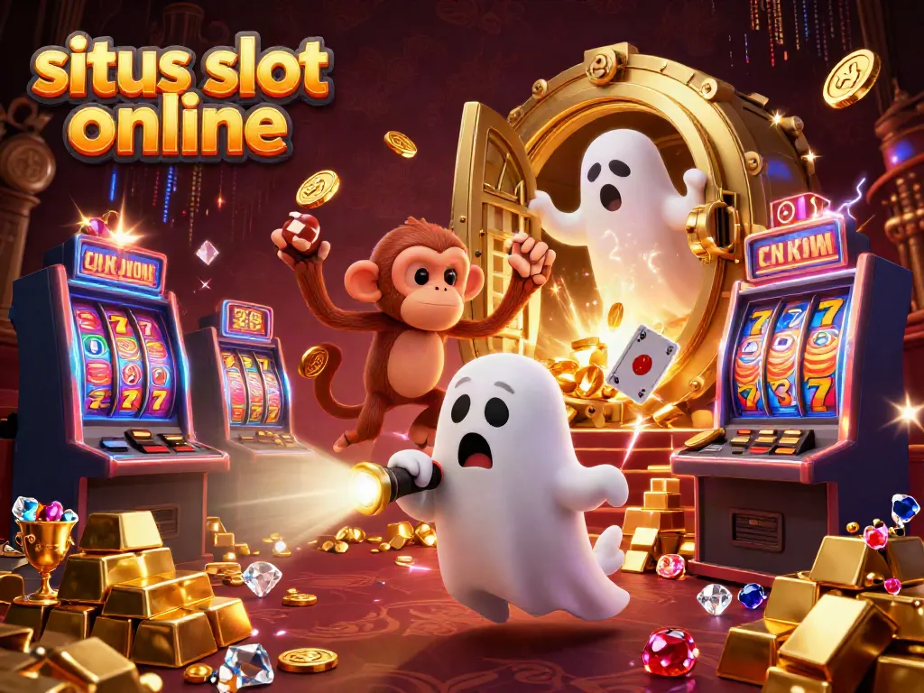Gembar kemenangan di situs slot online, dengan karakter lucu yang mengelilingi mesin slot berkilau.