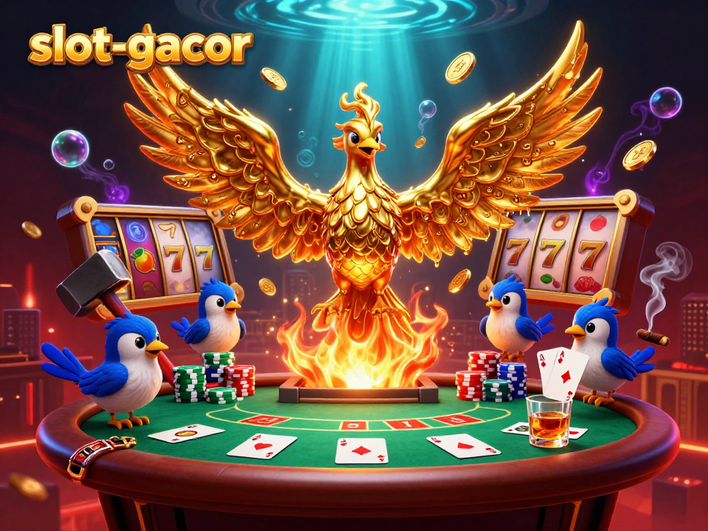 Experience the excitement of slot-gacor with a golden phoenix emerging in a rich casino scene full of slots and poker elements.