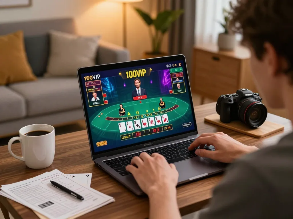 Player enjoying live dealer blackjack at 100VIP in a cozy home setting, showcasing immersive online gambling experience