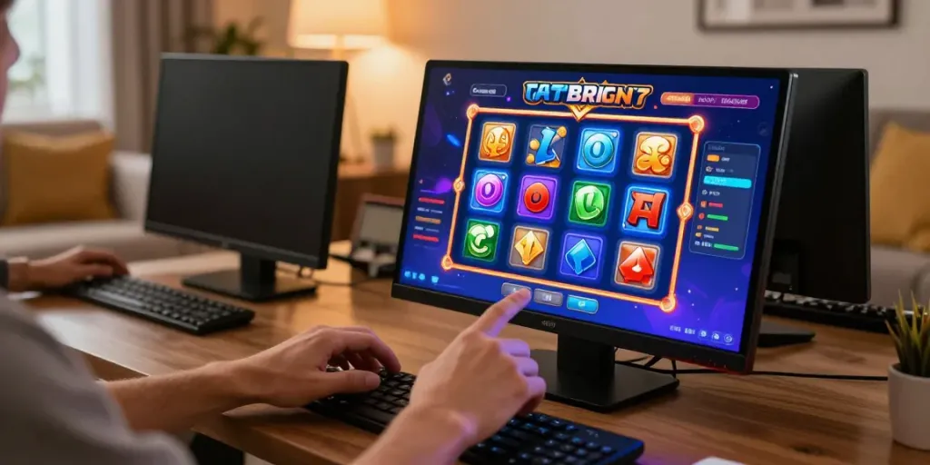 Pengalaman judi pragmatic online yang menarik dengan tampilan game slot yang cerah dan interaksi pengguna di ruang tamu yang nyaman.