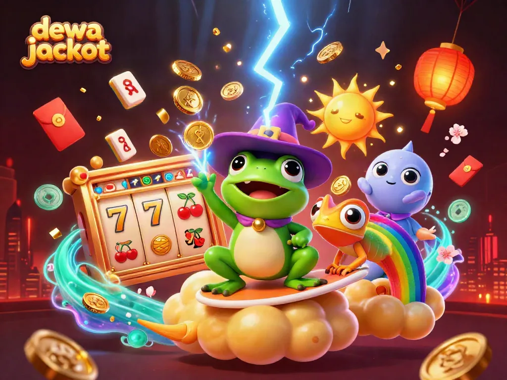 Ilustrasi 3D menampilkan dewa jackpot dalam suasana kasino yang meriah, dikelilingi koin emas dan elemen perjudian lainnya.