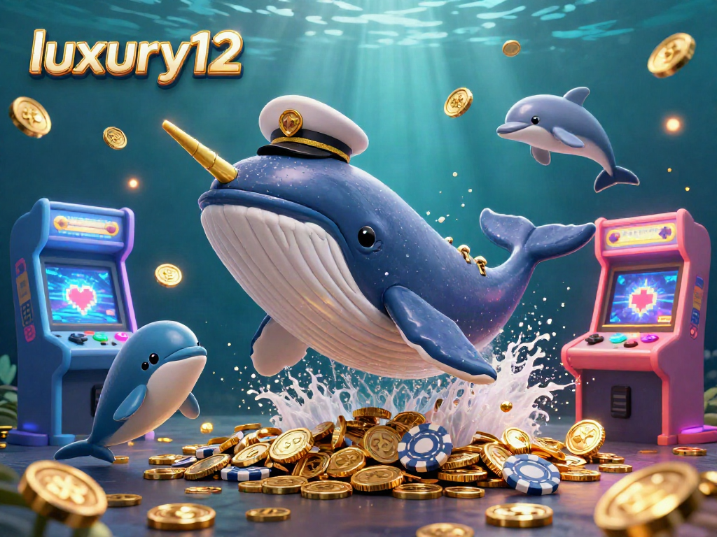 Gambarkan luxury12 dengan paus 3D berwarna cerah, narwhal, dan lumba-lumba bermain dengan chip poker di lautan koin.