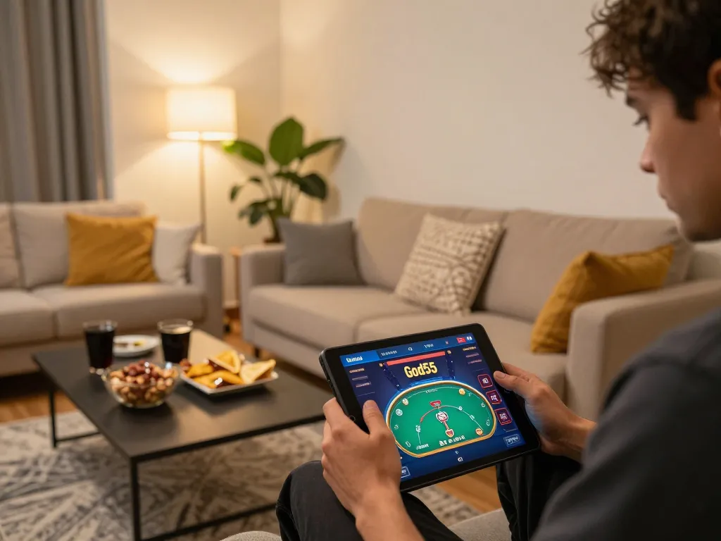 Person enjoying online gambling at God55 on a tablet in a cozy home setting