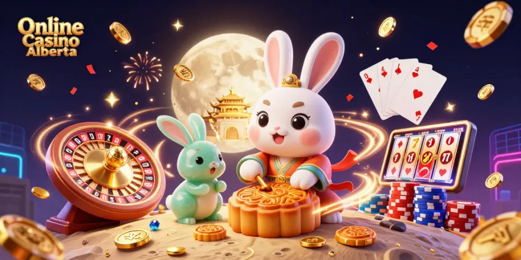 Engage with thrilling games at Online Casino Alberta, featuring a vibrant 3D illustration of casino elements and lunar themes.